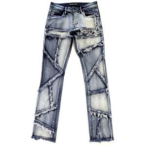 Legendary Status Mens Distressed Patchwork Fringe Denim Jeans Blue Size 30 x 32